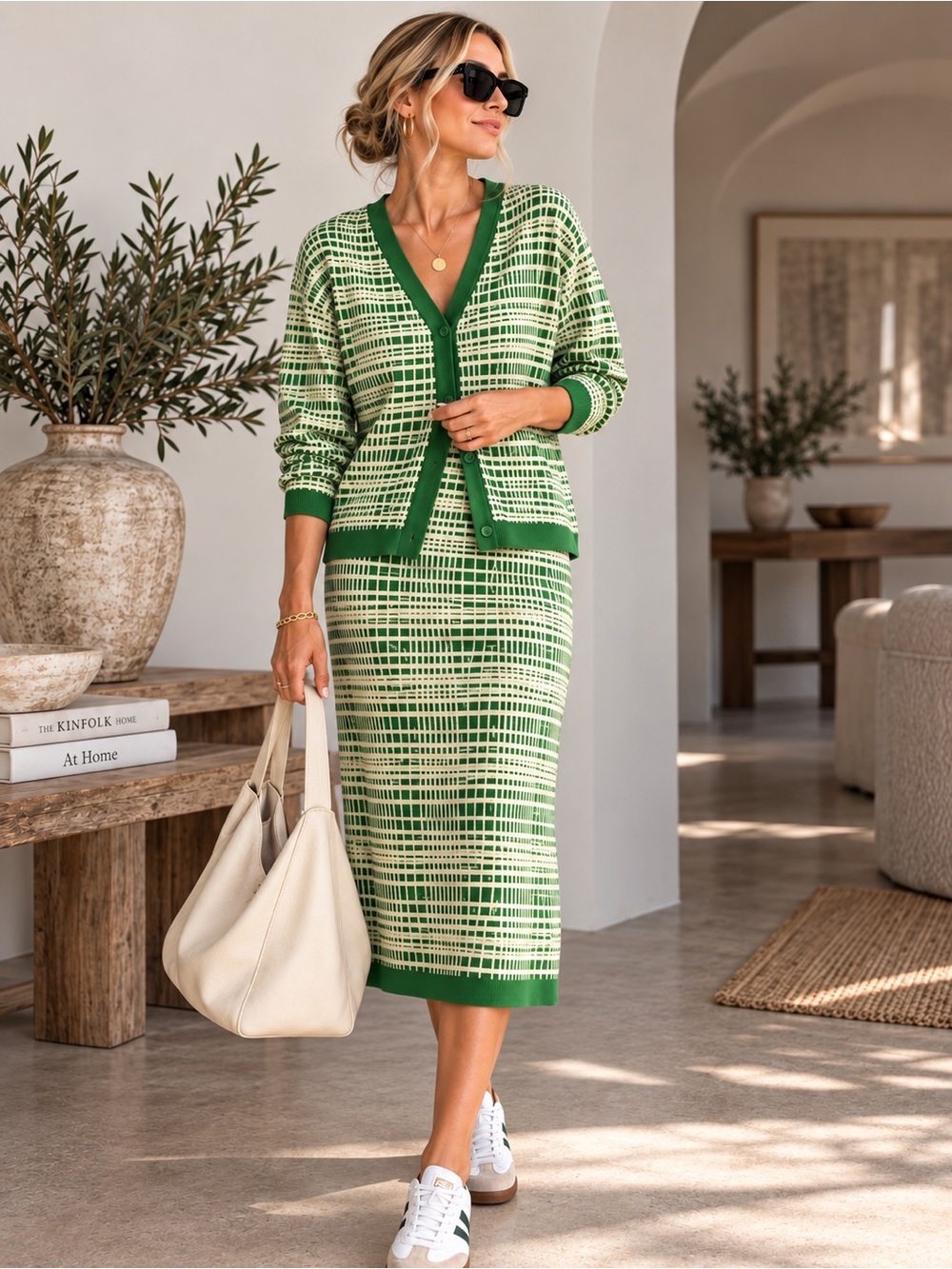 COS Green Cream Check Jacquard Knit Cardigan Midi Skirt Set M #519